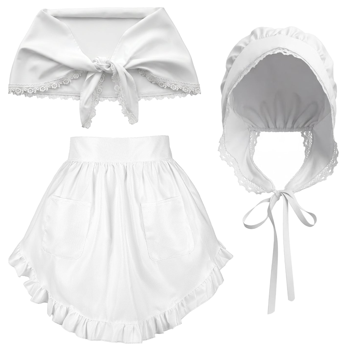 Yykazqe 3 Pcs Colonial Costume Women Set - White Mob Cap Bonnet Shawl Waist Apron Pilgrim Costume Girls Cosplay