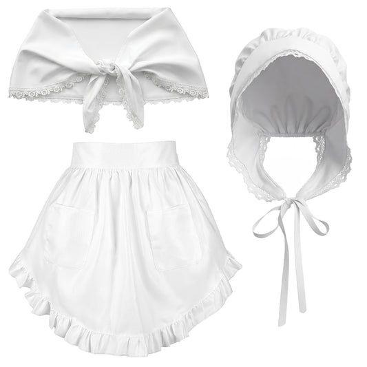 Yykazqe 3 Pcs Colonial Costume Women Set - White Mob Cap Bonnet Shawl Waist Apron Pilgrim Costume Girls Cosplay