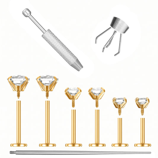 Josojoou 6PCS Gold Helix Flat Back Earrings, Anti-sensitive Cartilage Piercing Jewelry, Stainless steel Cartilage Earring Comes with Piercing Ball Grabbing Tool (20G/18G/16G)