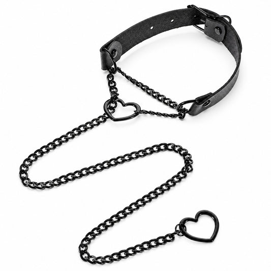Gemoioio Black Leather and Stainless Steel Punk Heart Choker Necklace, Adjustable for Women