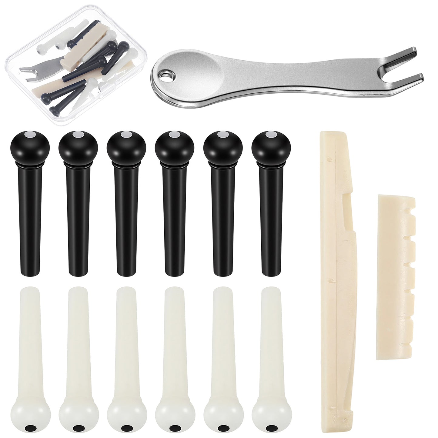 4 Pcs Acoustic Guitar Bridge Pins Set with Bridge Pin Puller Remover & Guitar Bridges Saddle Nut, Guitars Pegs Replacement Parts Kit Universal Fit String Accessories for Repair & Tone Upgrade