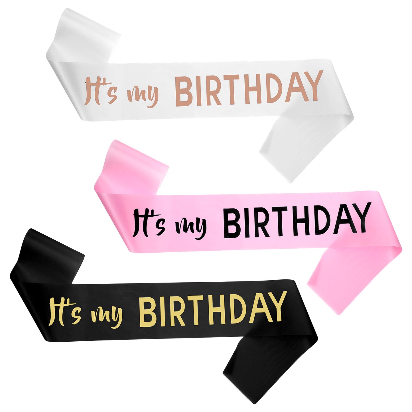 Neyauo 3 Pack It's My Birthday Sash for Women Men, Soft Satin Happy Birthday Sash with Gold Foil Lettering, Black White Pink Birthdays Party Decorations Supplies Gifts Photo Props for Adult Teen