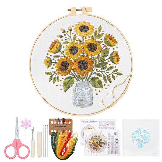 HaiFafafaing Sunflower Embroidery Kit for Beginners- All in One DIY Cross Stitch Kits Starter with Hoop, Pre-Printed Fabric, Embroidery Threads, Needles, Craft for & Home Decor, DIY Home Wall Decor