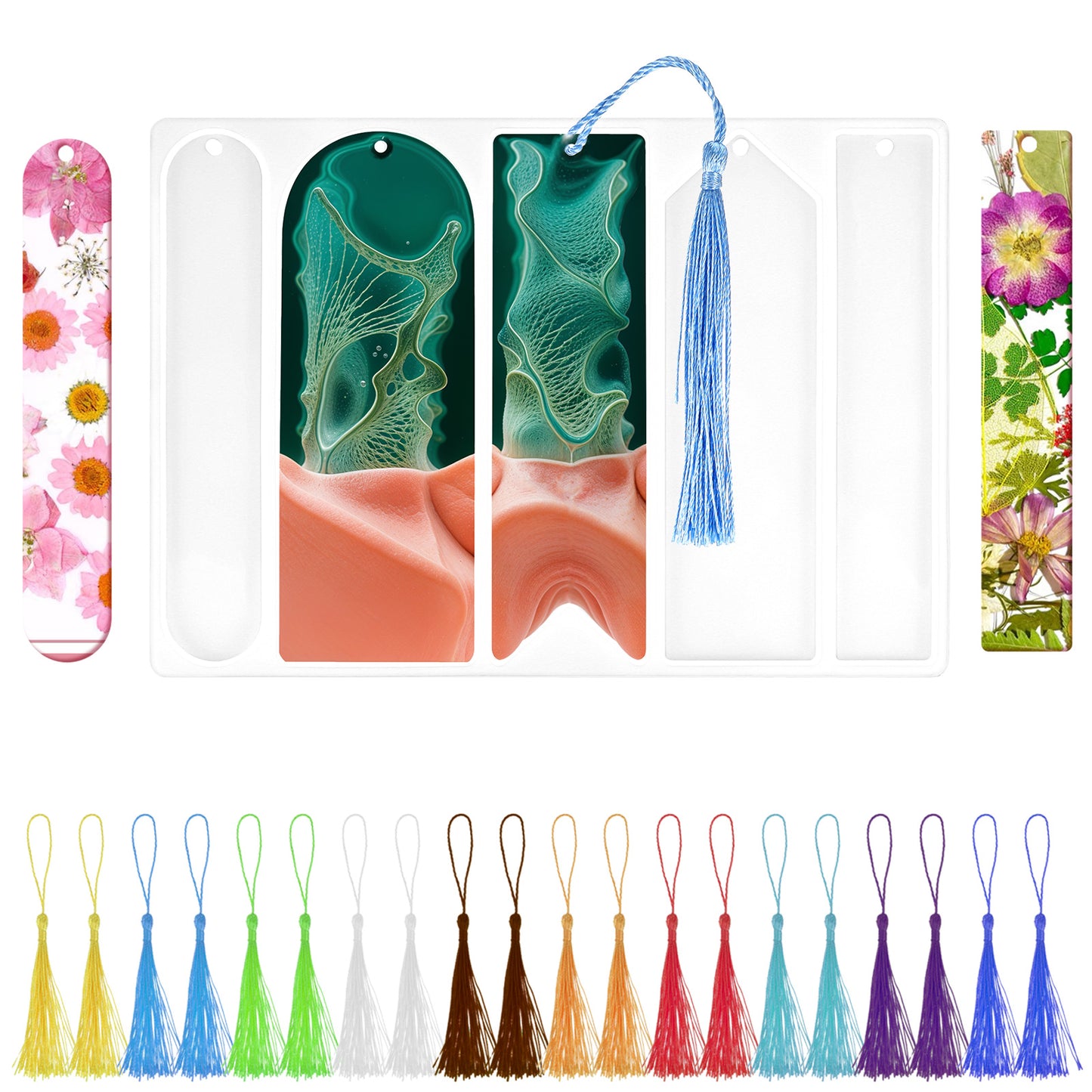 Silicone Bookmark Molds with 20pcs Tassels,5 Shapes Bookmark Resin Mold,Wide Arch Rectangle Bookmark Mold for DIY Epoxy Resin Bookmarks Crafts Making Supplies