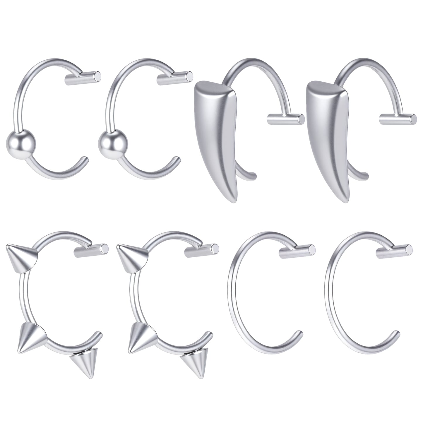 8pcs Adjustable Fake Lip Piercing Vampire Teeth Ring for Halloween,3D Fake Lips Ring Set, Stainless Steel Non-Piercing Lip Cuff Jewelry for Men and Women, Silver