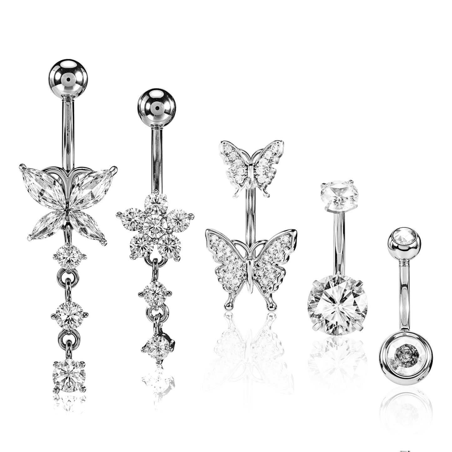 Josojoou 5Pcs Belly Button Rings Stainless Steel Belly Rings With Butterfly Cute Navel Ring Piercing 14G Jewelry Bellys Ring for Women