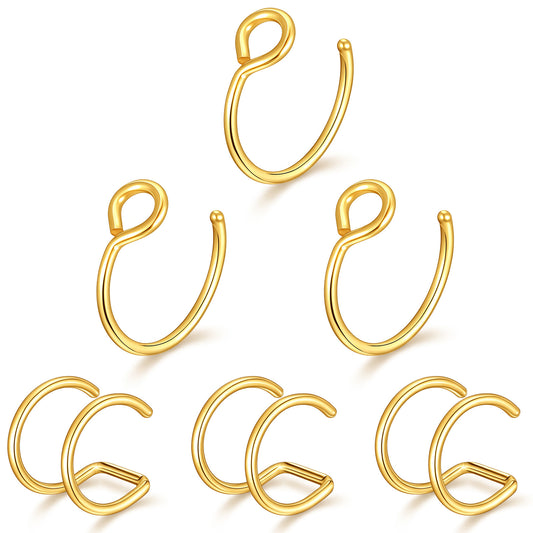 Lusofie 20G Nose Rings Hoops - 6 Pcs Fake Nose Ring, Double Hoop Noses Ring, Stainless Steel Fake Lip Piercing, Clip on Noses Rings Ear Cuffs, Non Piercing Jewelry for Women Men (Gold)