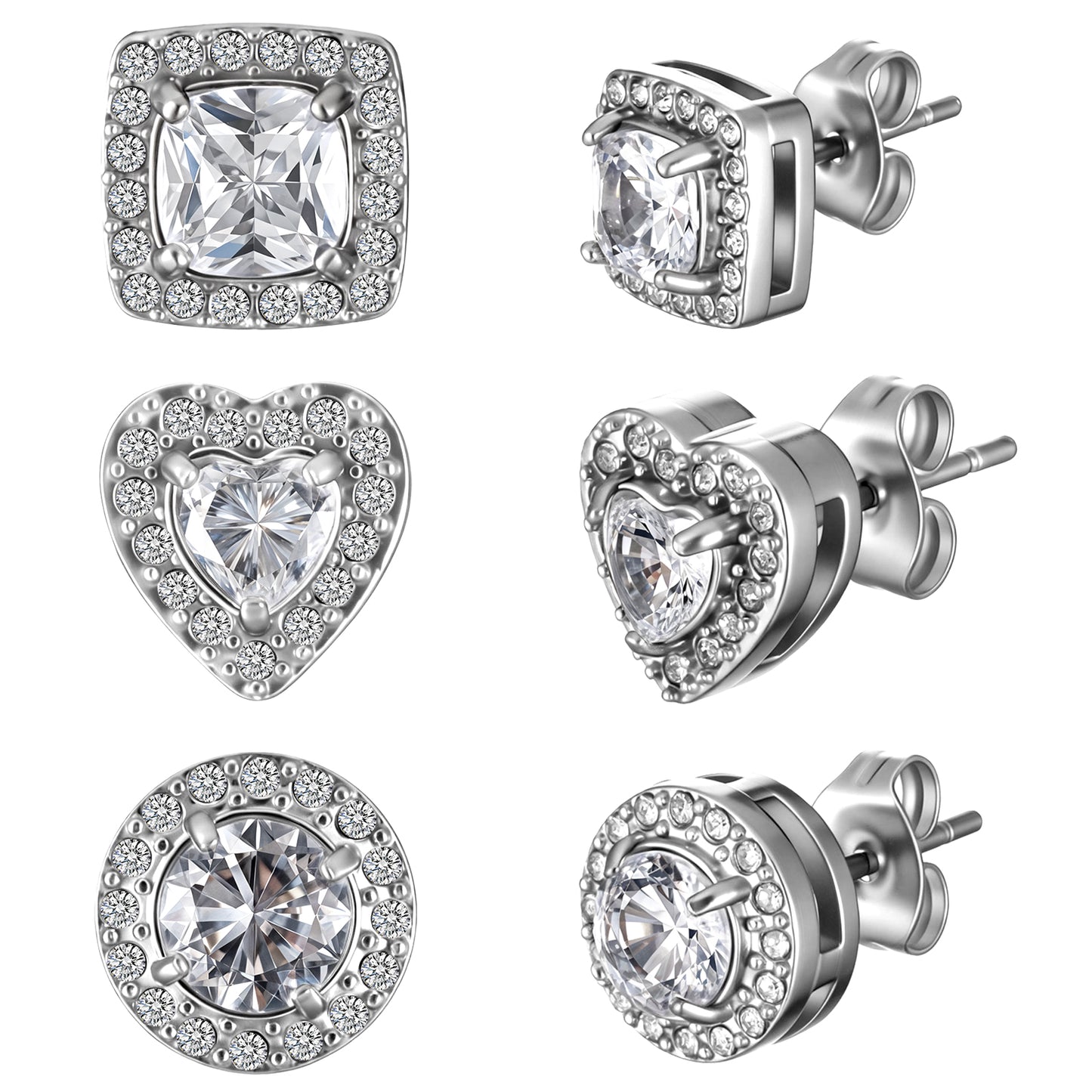 3 Pairs Silver Studs Earrings for Women, Heart Round Square Cubic Zirconia Studs, Silver Stud Earrings Perfect for Brides & Bridesmaids