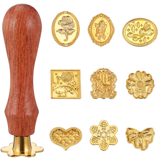 9Pcs Wax Seal Stamp Kit Vintage Brass Seal Stamp Head Wooden Handle Flower Wax Seal Stamp for Wedding Invitations Cards Envelopes Gift Packing