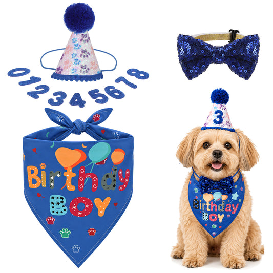 Dog Birthday Bandana Hat Boy Dogs Party Birthday Numbers Hat Bow Tie for Pet Puppy Cat Birthdays Party Decorations, Pet Costumes Headwear Accessories