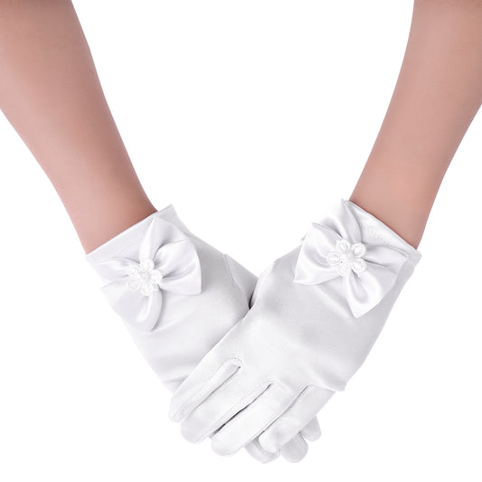 Yolev Girls White Gloves, Princess Dress Up Costume Gloves, Satin Bow Glove for Tea Party, Wedding, First Communion, Formal Pageant