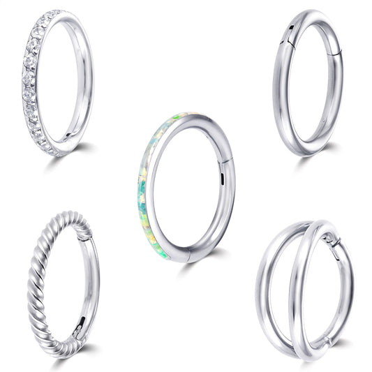 Lusofie 5Pcs 16G Hinged Nose Rings Silver Nose Rings Hoops Septum Ring Clicker CZ Tragus Cartilage Double Nose Ring Nose Body Piercing Jewelry for Women Men(10MM)