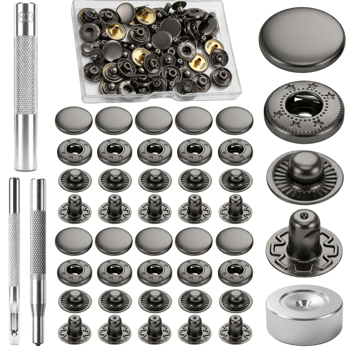 80 Pcs/20 Sets Leather Snap Fasteners Kit 15, 14, 11mm Metal Snap Buttons Kit Snaps and Rivets with 4 Install Tools for Clothing, Jackets, Jeans, Caps, Bracelets, Bags(Black)