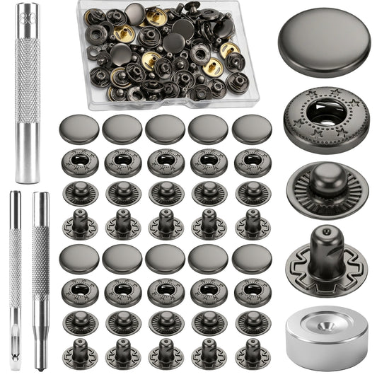 80 Pcs/20 Sets Leather Snap Fasteners Kit 15, 14, 11mm Metal Snap Buttons Kit Snaps and Rivets with 4 Install Tools for Clothing, Jackets, Jeans, Caps, Bracelets, Bags(Black)