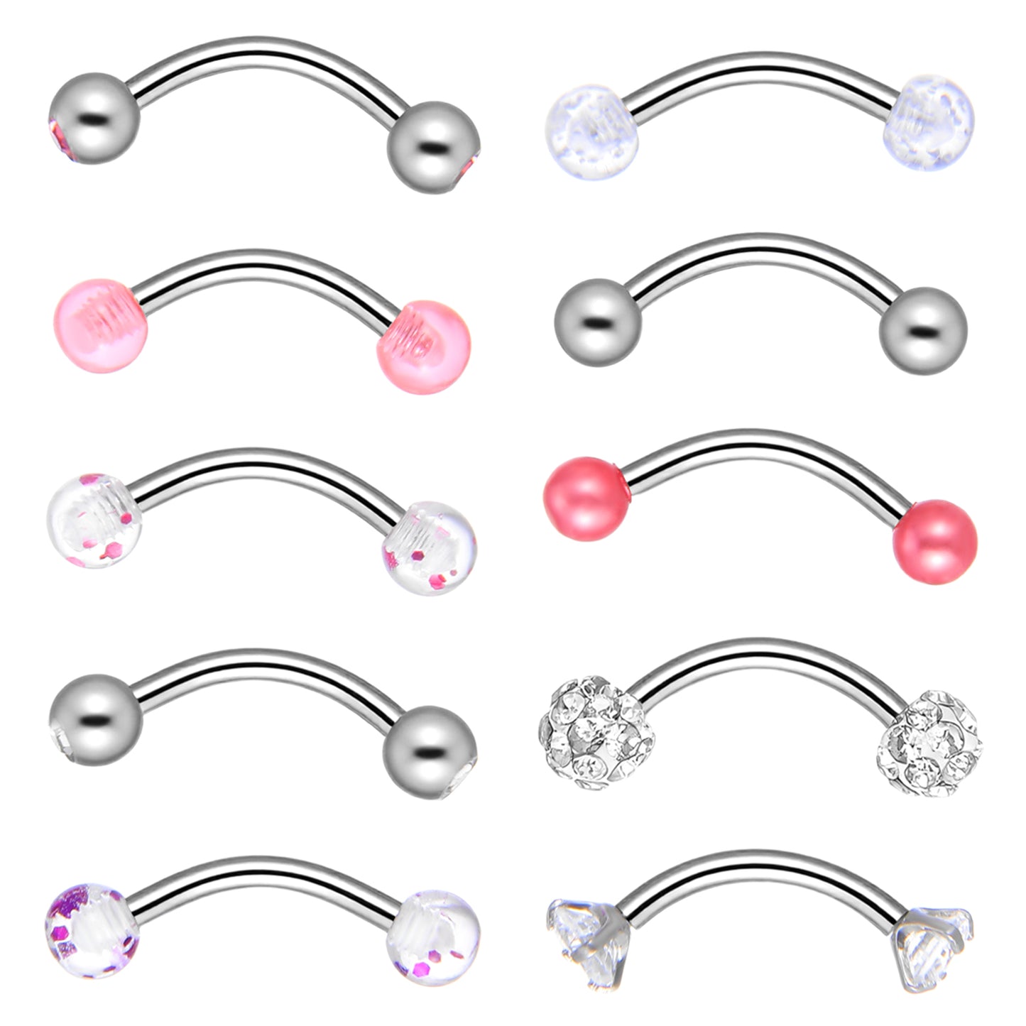Josojoou 10 Pcs Curved Barbell Piercing Jewelry Set, 16G Eyebrow Rook Piercing Jewelry with Balls, Surgical Steel Helix Vertical Labret Lip Bars Daith Cartilage Tragus Jewellery