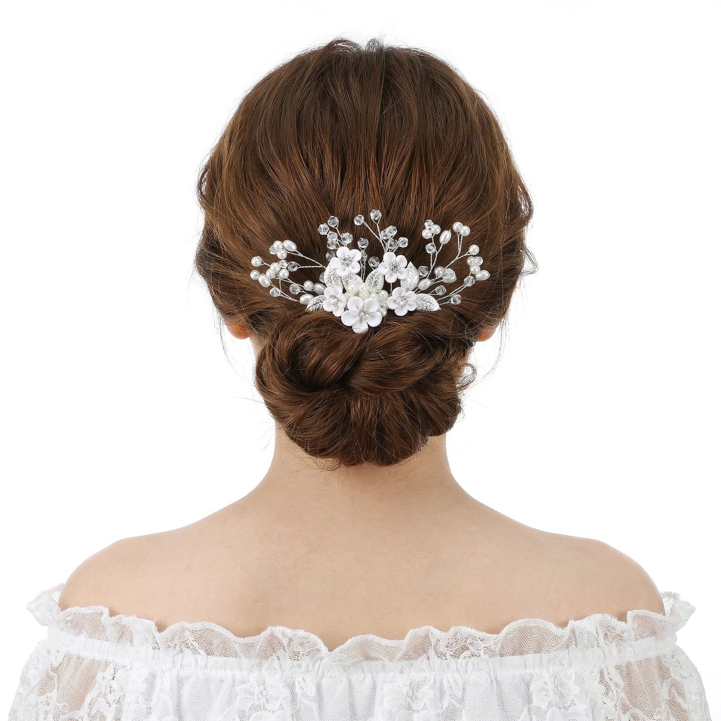 Flower Bridal Hair Comb, Pearl Rhinestone Leaf Wedding Hair Pin Accessories for Women and Girls, Silver White