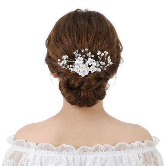 Flower Bridal Hair Comb, Pearl Rhinestone Leaf Wedding Hair Pin Accessories for Women and Girls, Silver White