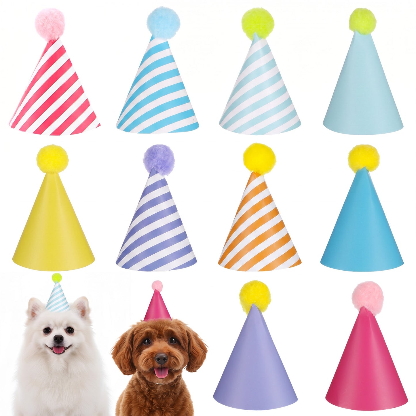 10pcs Colorful Mini Party Hats, Cute Dog Party Hats with Pom Poms for Kittens Rabbits Dogs and Stuffed Animals
