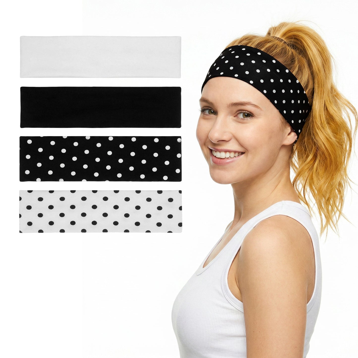 4pcs Polka Dot Headband, Black White Headbands, Soft Non Slip Headbands, Polka Dot Elastic Wide Headband,Yoga Workout Hair Accessories for Women Girls
