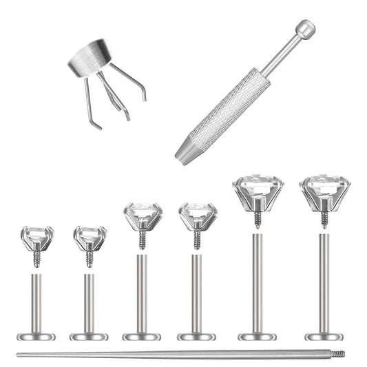 Tucnoeu Surgical Steel Flat Back Stud Earrings for Women, Internal Thread Tragus Helix Cartilage Conch Nose Monroe Labret Medusa Piercing Jewelry with Piercing Ball Grabber Tool, 18G Silver