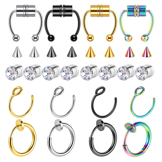 HekouJiub 20 Pcs Fake Nose Ring Hoops and Studs Magnetic Septum Piercings for Women Stainless Steel Faux Piercings Ear Lip Rings Clip-on Septum Ring Fake Nose Piercing for Women Men