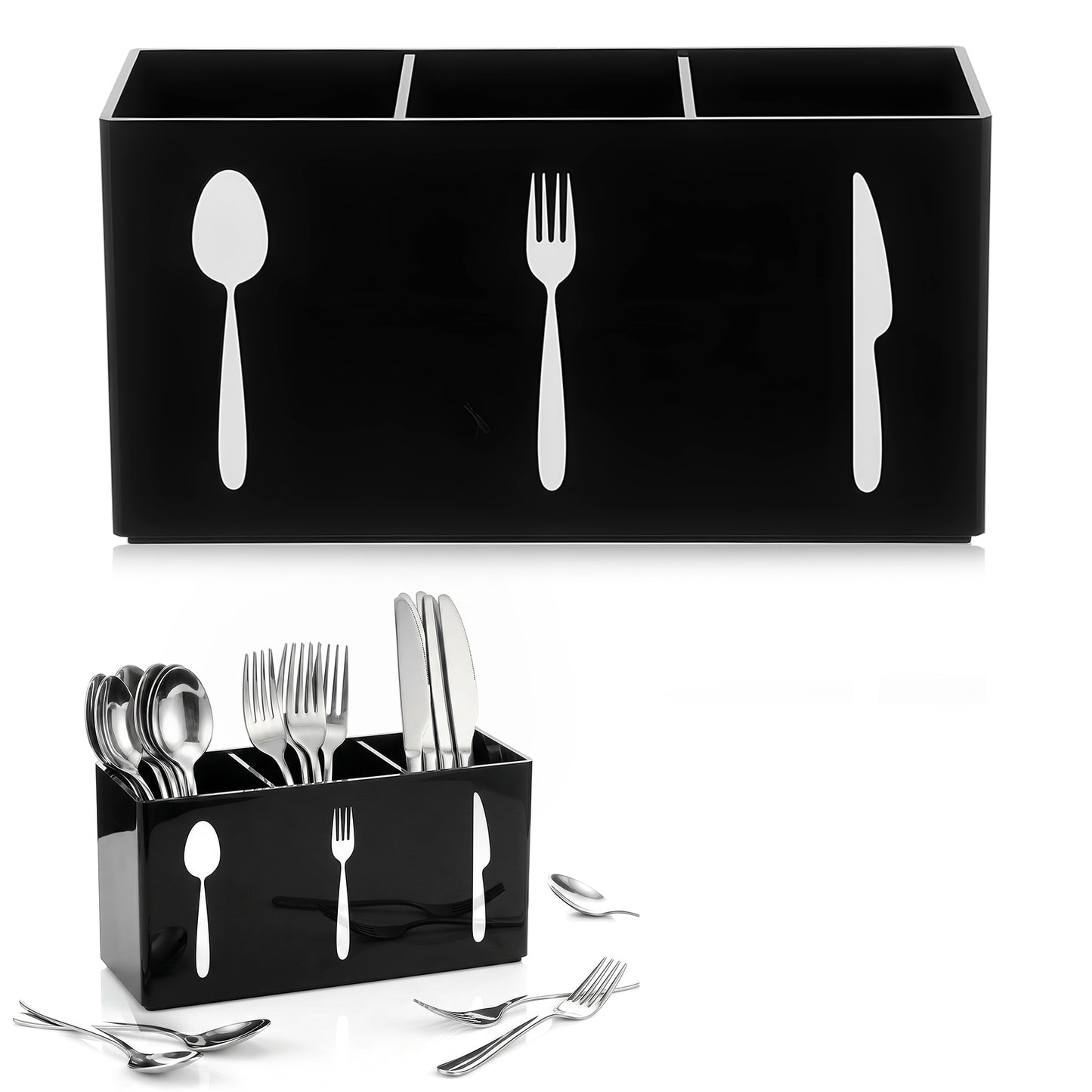 Silverware Organizer Countertop Acrylic Cutlery Caddy 3 Section Knife Fork and Spoon Organizer Black Cutlery Holder for Party Countertop Kitchen Cabinet Indoor Flatware Dining Room Tableware Holder