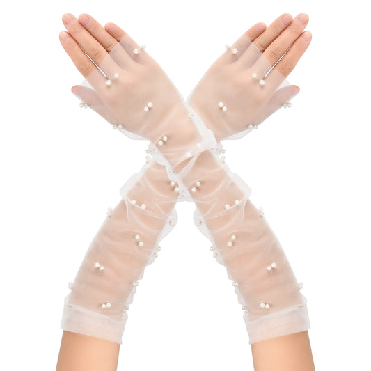 Tucnoeu Women's Long Fingerless Tulle Gloves with Pearls | Elegant Bridal Wedding Opera Party Gloves | Sheer Mesh Elbow Length for Women and Girls