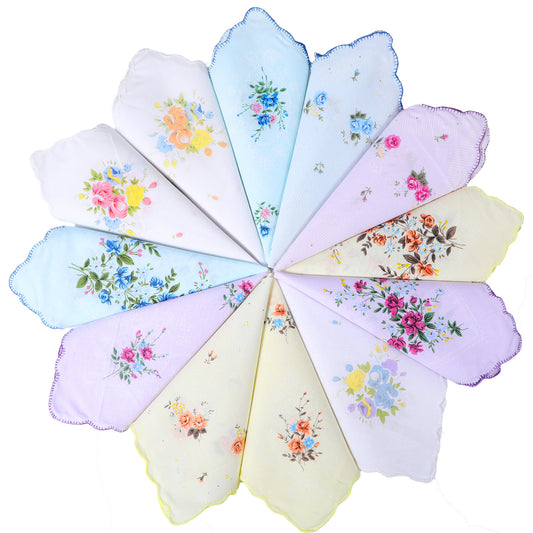 Josojoou 12PCS Vintage Floral Womens Handkerchiefs, Soft Cotton Handkerchiefs, 30cmx30cm Printing Ladies Handkerchief, as Tea Party Favor, or Wedding Favor.