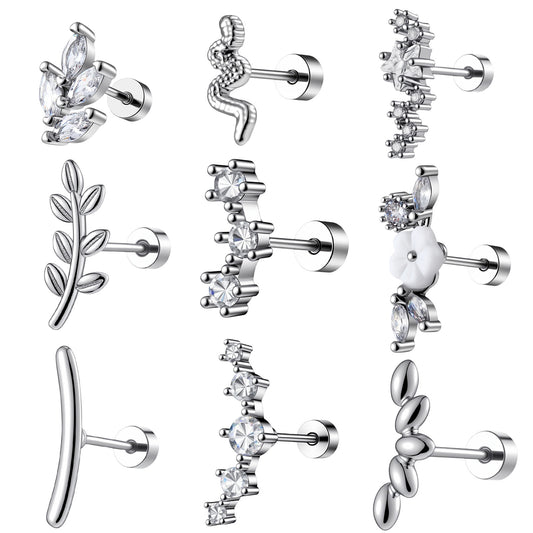 Yolev 9Pcs Flat Back Cartilage Earrings for Women Silver Conch Helix Piercing Jewelry Trendy 16G Gauge Earrings Snake Leaf Flower Star CZ Flat Back Stud Earring Set Tragus Earrings for Women Ears