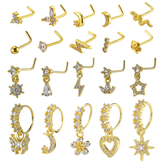 Neyauo 20 Pcs Dangle Nose Ring Nose Jewelry for Women Cubic Zirconia Noses Rings Gold Dangle Heart Shape Flower Leaf Star Moon Butterfly Multi-Style Noses Ring Jewelry for Women Men
