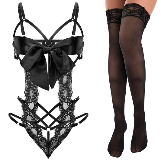 Telooco Women's Sexy Lingerie Set Unwrap Me Bow Tie Lingerie with Lace Stockings Smooth Ribbon Lingerie for Valentines Outfit (Black)
