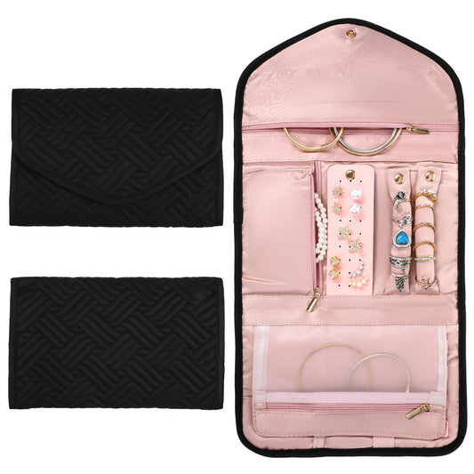 Tucnoeu Portable Travel Jewelry Organizer Roll, Foldable Case for Necklaces, Earrings, Rings, Bracelets, Brooches, Black