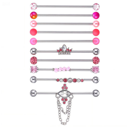 11pcs Industrial Piercing Jewelry, Surgical Steel Industrial Barbell Earrings, Cartilage Helix Piercing Earrings, Pink, Silver