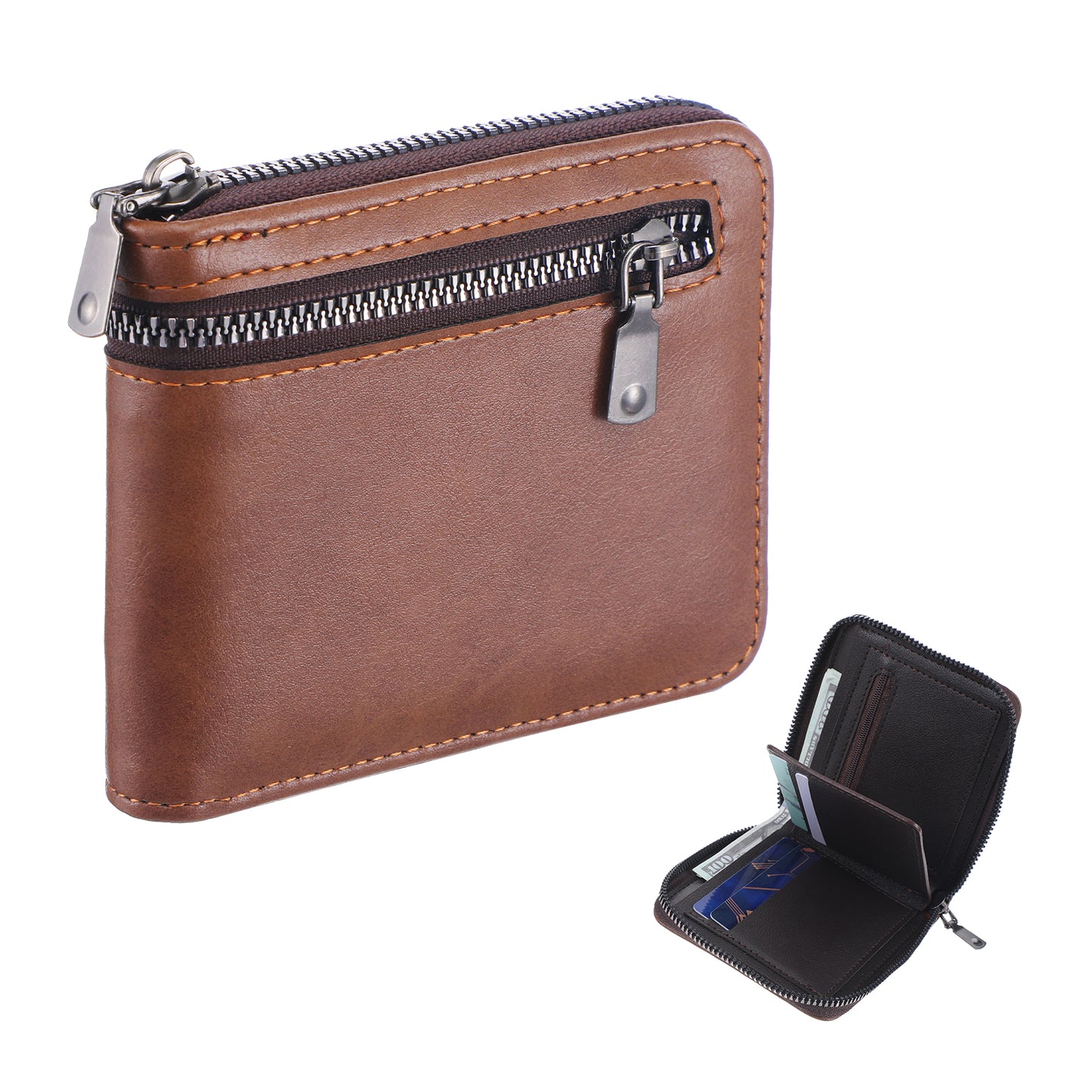 Neyauo Men Zipper Leather Wallet, Slim Design, Multiple Card Slots, Coin Pocket, Flip Compartments, Brown