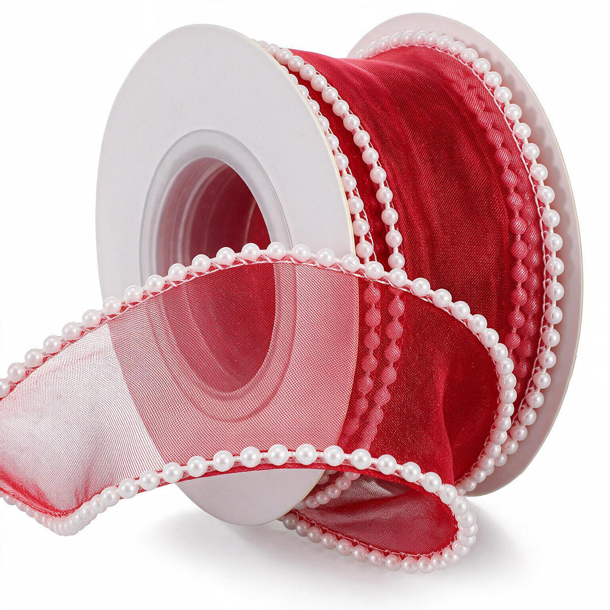Pearl Edge Organza Chiffon Ribbon Sheer Organza Ribbons Rolls (Red)