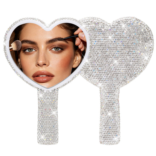DIVINA VITAE Rhinestone Handheld Mirror Heart Shaped Bling Glitter Compact Travel Makeup Mirror with Handle for Women Silver