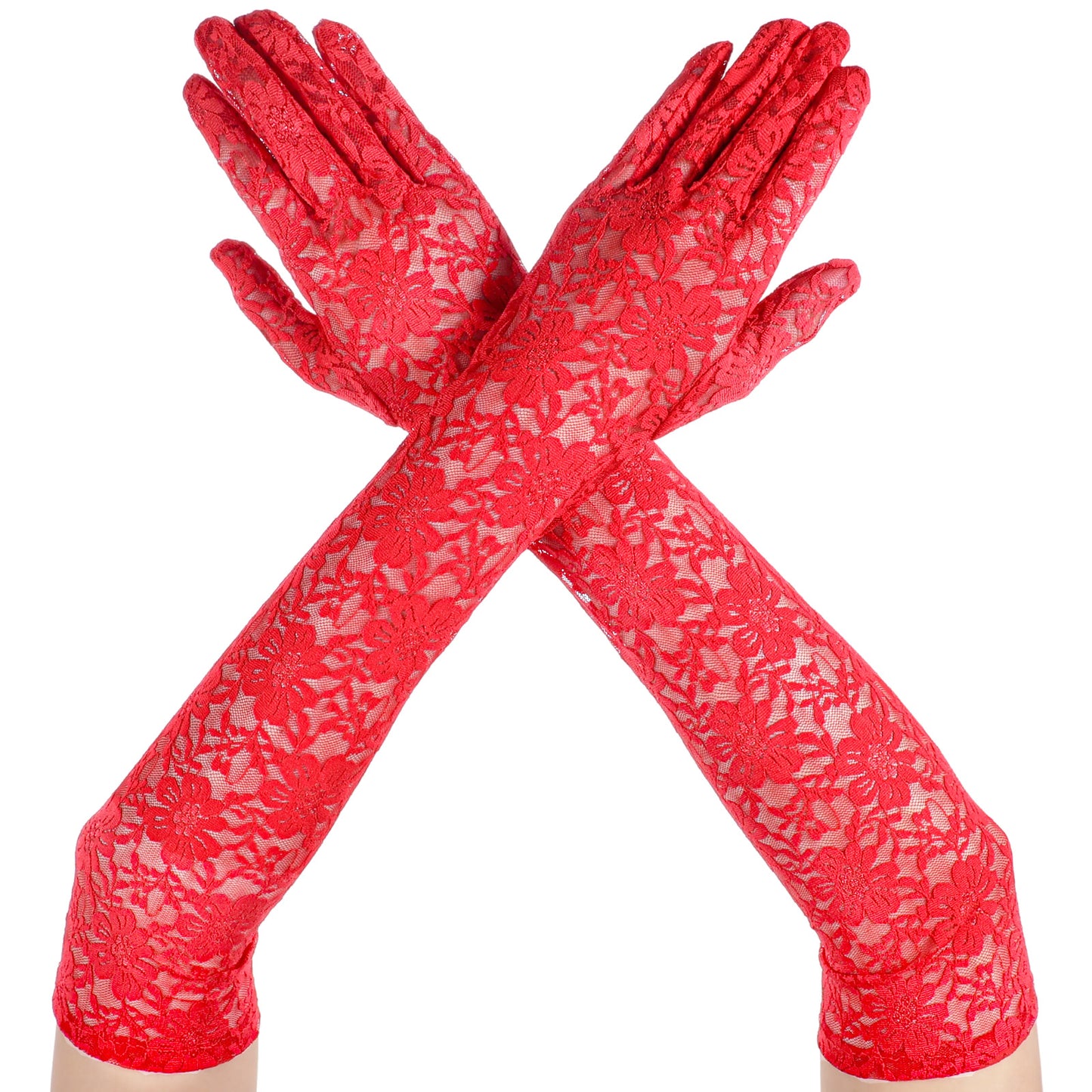 HaiFafafaing Long Lace Gloves Women Floral Elegant Lace Tea Party Opera Gloves Elbow Length for Party Dance Dress Wedding(Red)