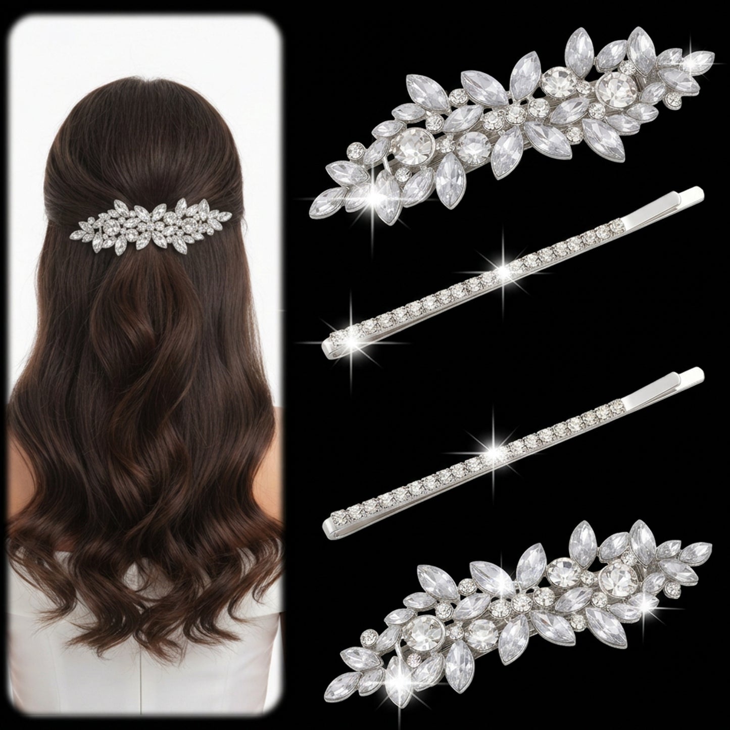 4PCS Pearl Rhinestone Hair Clips, Sparkling Flower Bridal Hair Clips, Silver Metal Crystal Pearl Hairs Pins for Weddings, Parties, and Everyday Wear, Gift for Women