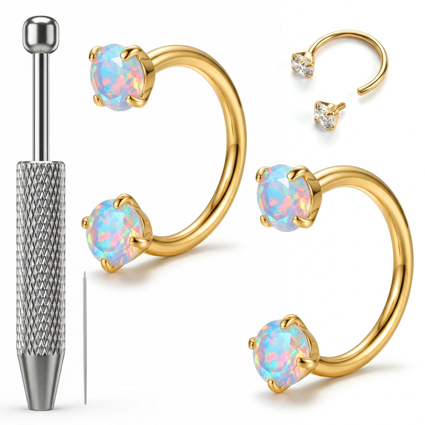 Ziuohaa 2pcs horse shoe nose rings for women - Surgical Steel horseshoe nose ring With Cubic Zirconia And Opal - Complete Piercing Kit For Women(Gold)