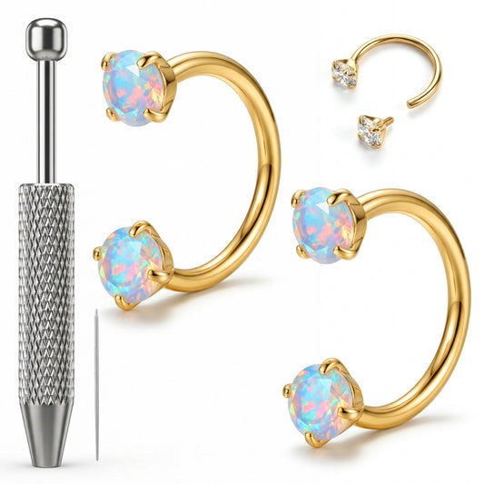 Ziuohaa 2pcs horse shoe nose rings for women - Surgical Steel horseshoe nose ring With Cubic Zirconia And Opal - Complete Piercing Kit For Women(Gold)