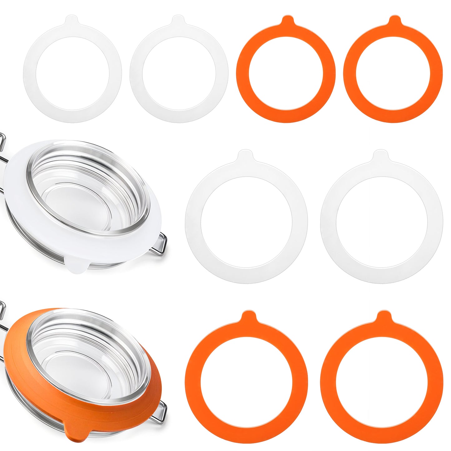 Silicone Jar Gaskets, 8 PCS Rubber Seals Rings, 4x3.75 Inch And 4x4.5 Inch, Airtight Leakproof Replacement For Mason Regular Mouth Canning Jars, Orange And White