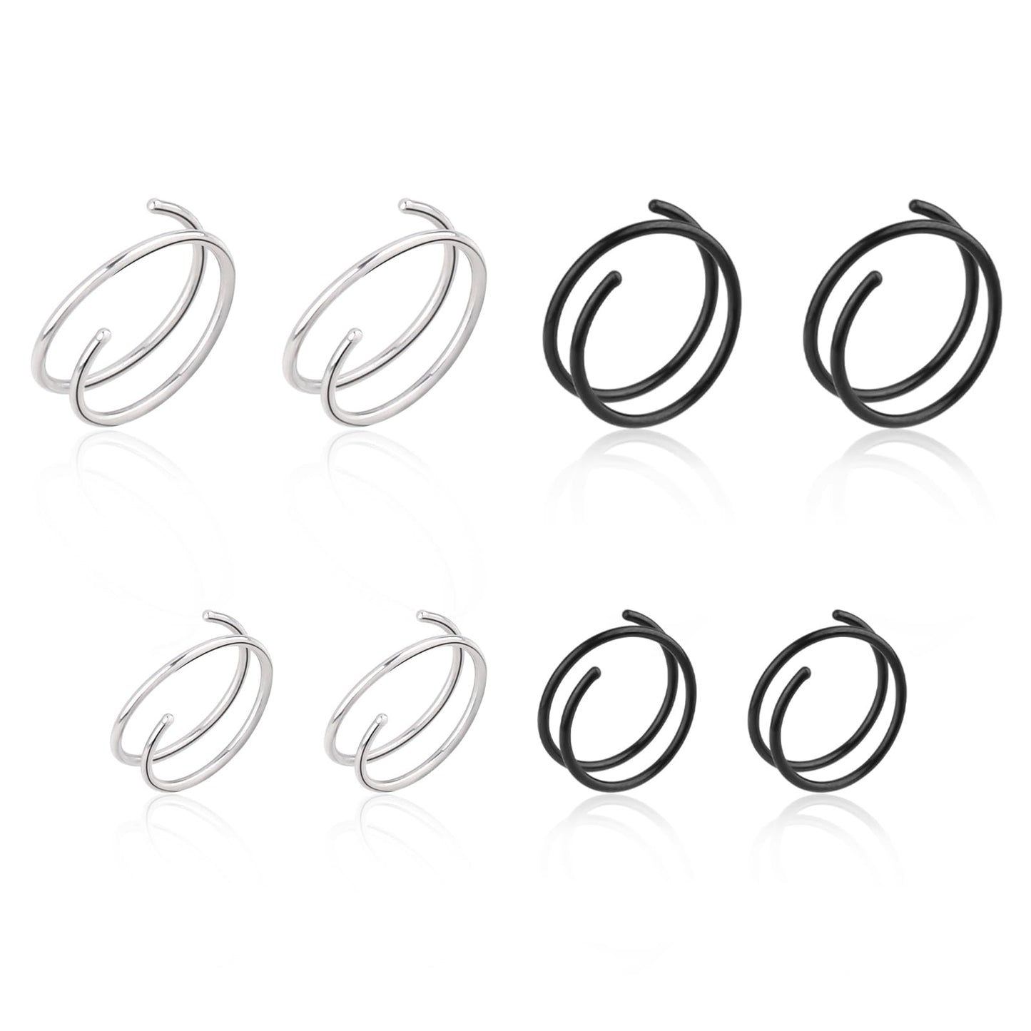 8 Pcs Spiral Nose Ring Double Hoop Nose Ring for Single Piercing, 8/10mm Double Twist Earrings 316L Stainless Steel Spiral Earrings for Women (Black + Silver)