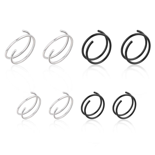 8 Pcs Spiral Nose Ring Double Hoop Nose Ring for Single Piercing, 8/10mm Double Twist Earrings 316L Stainless Steel Spiral Earrings for Women (Black + Silver)