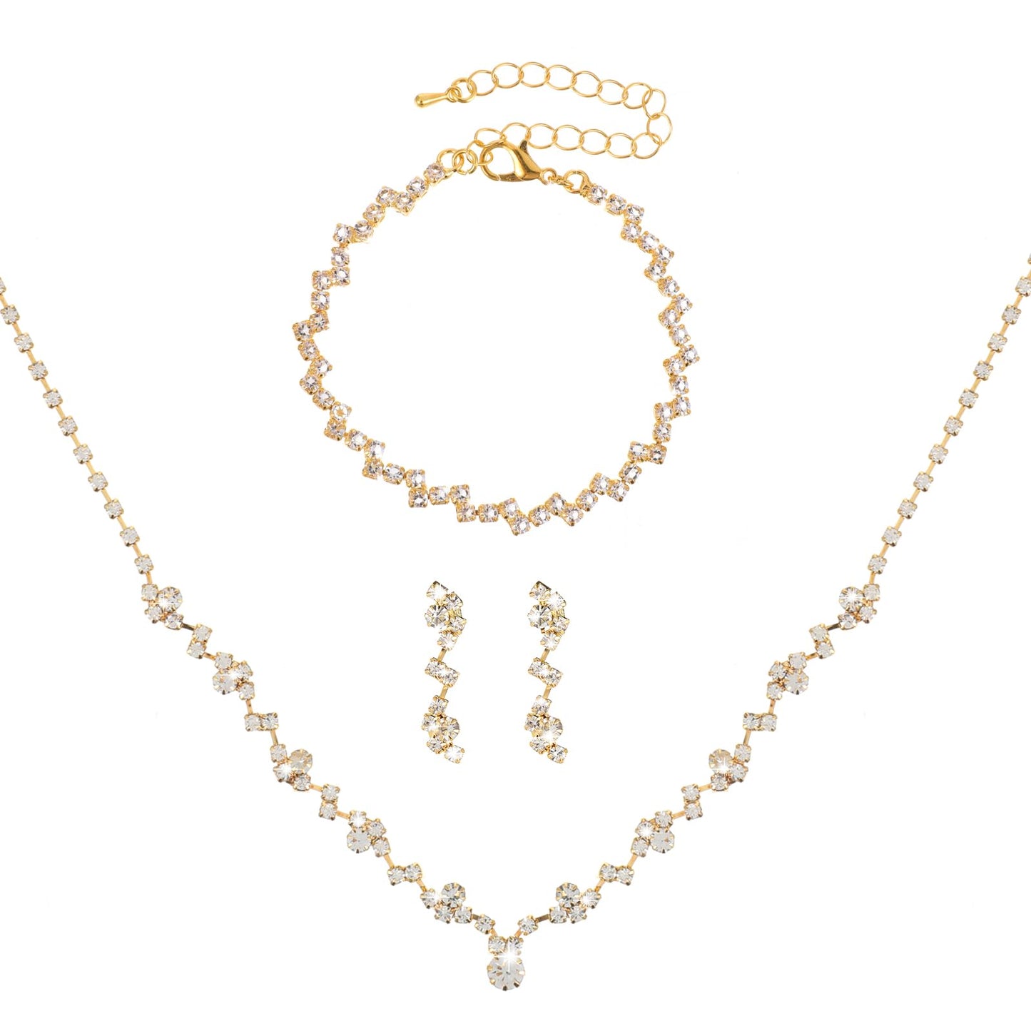 Bridal Jewelry Set Rhinestone Wedding Jewelry Set Include Wome Necklace Bracelet Earrings Brides Bridesmaid Prom Costume Jewelry Set for Bridal Wedding Party (Gold)