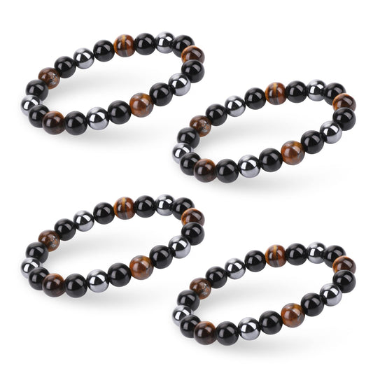 Yolev 4Pcs Triple Protection Bracelet, Tiger Eye Black Obsidian Hematite Elastic Bracelet Prosperity Hematite Black Obsidian Tiger Eye Stone Bracelets for Men Women