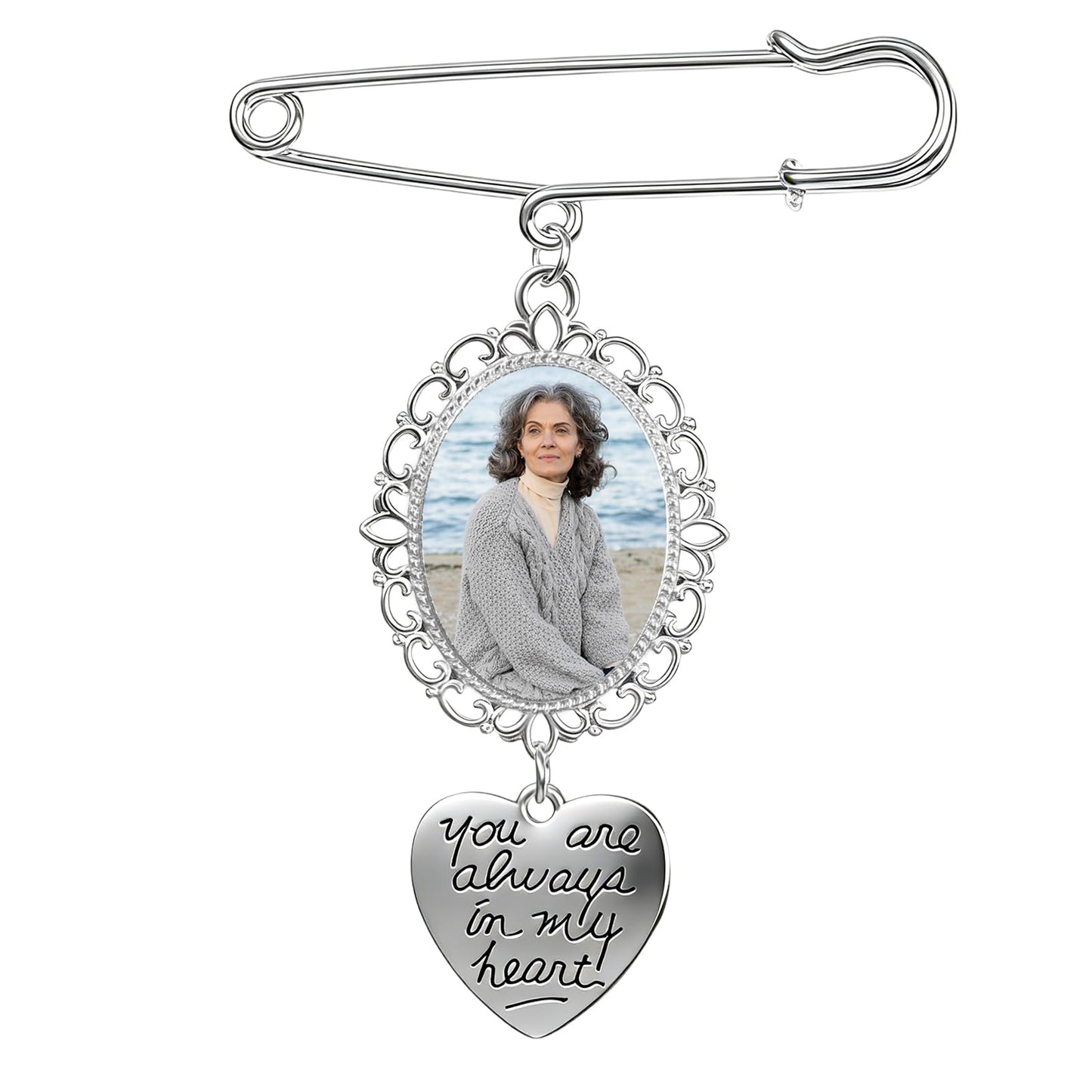 Wedding Bouquet Photo Charm Pin Single Lacy Oval Bridal Angel Pendant