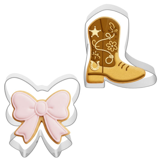 Cowboy Boot and Bow Cookie Cutter Set, Cute Metal Cookie Cutters Shapes Stainless Steel Baby Shower Cortadores de Galletas Fondant Mold for Baking Boots or Bows Gender Reveal Party Birthday Wedding
