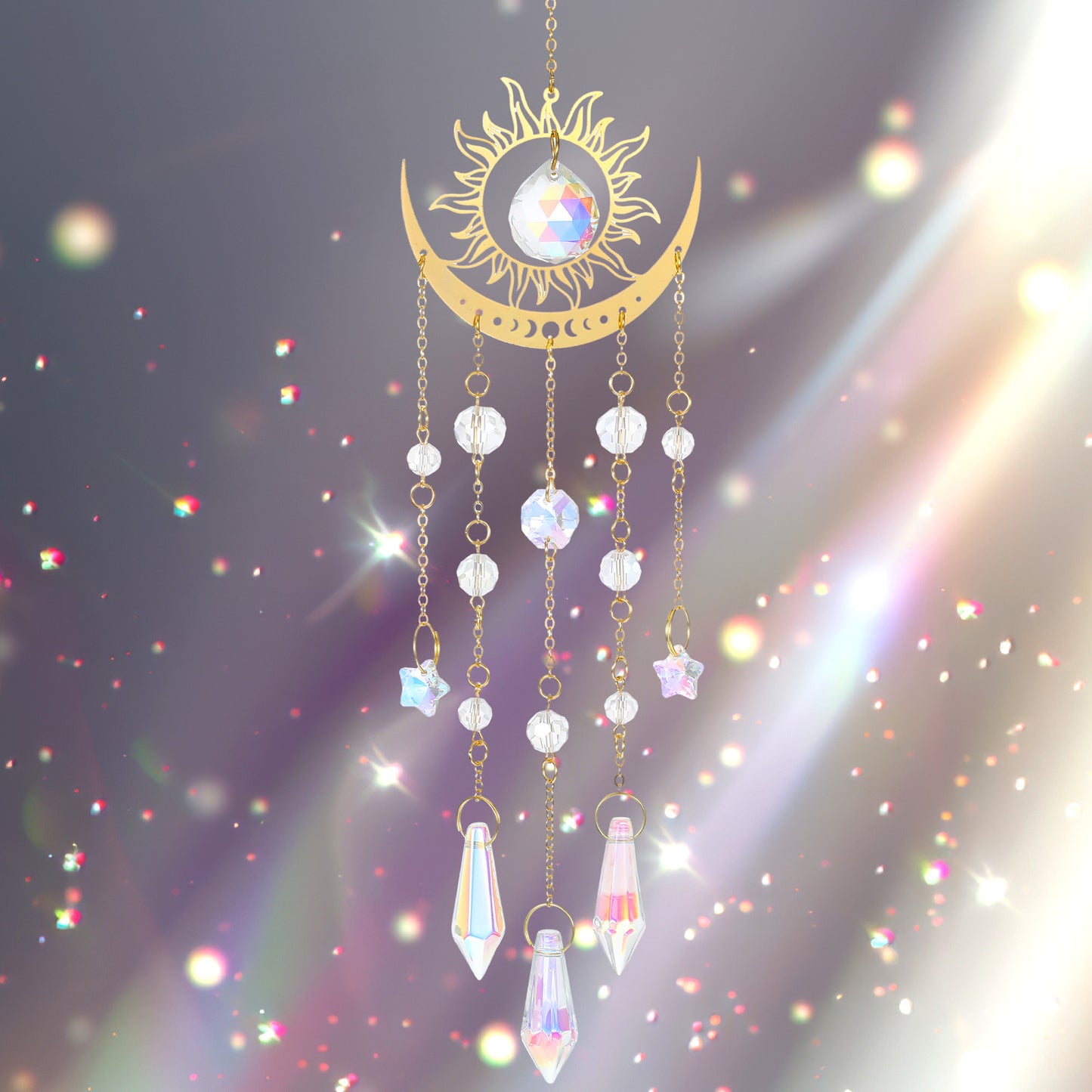 Crystal Sun Catcher, Sun and Moon Rainbow Maker with Chains, Hanging Indoor Outdoor Prism Decor for Windows Garden Car, Christmas Mother’s Day Valentines