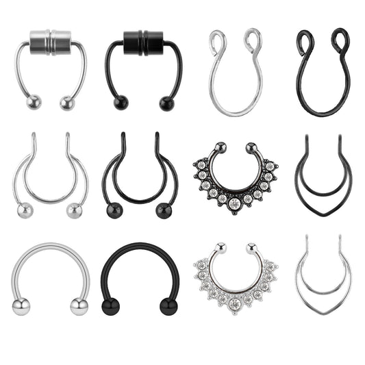 Lusofie 12Pcs Fake Nose Rings Magnetic Septum Ring Fake Septum Piercing Clip on Nose Ring Stainless Steel Non Piercing Septum Jewellery for Women Men(Silver, Black)