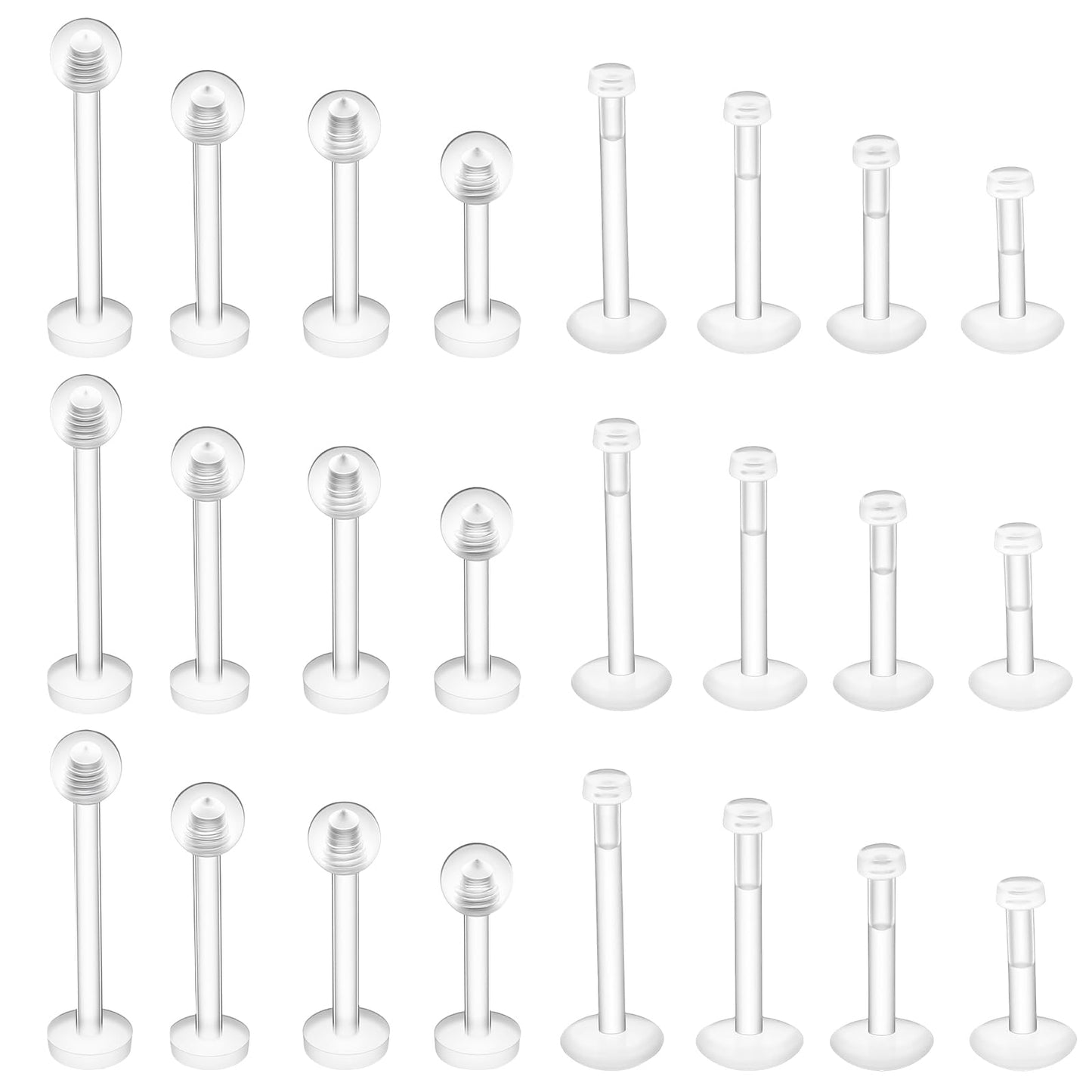 Gemoioio 24PCS Clear Invisible Piercing Retainers for Work, 16G Push Top Lip Rings & Earrings | Labret, Helix, Tragus, Monroe, Medusa, Industrial | 6mm 8mm 10mm 12mm Bar Length for Women & Men